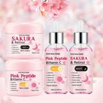 4-Piece Day & Night Skincare Set: Pink Peptide Vitamin C Day Cream + Sakura Retinol Night Cream & Essence for Hydration, Firmnes